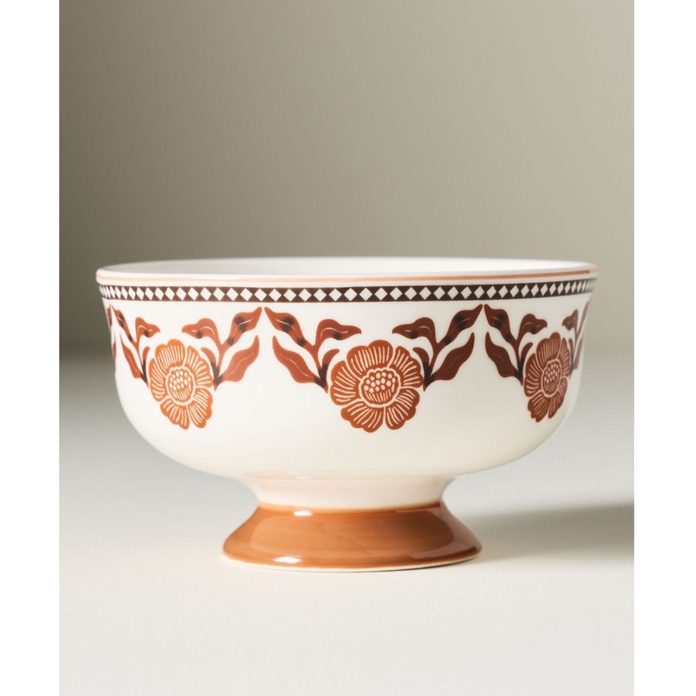 Anthropologie Bowl Reverie Orange Floral Footed Nut Dessert Dish Fall Set 2